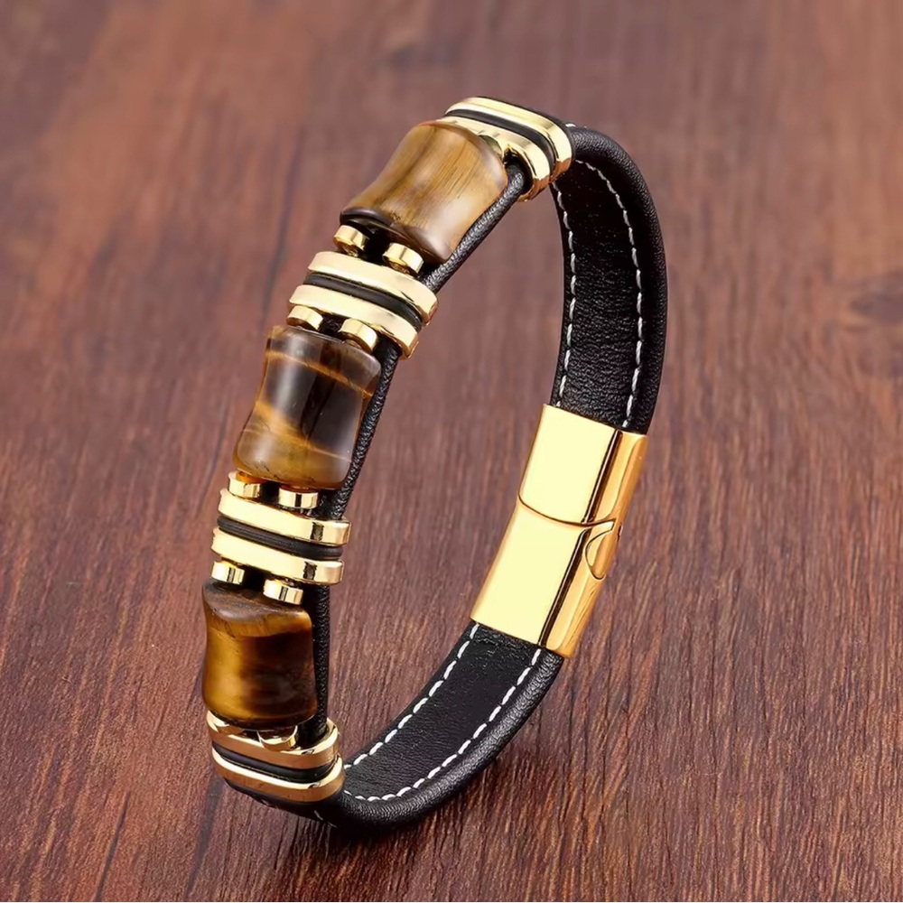 Men's Black Leather Bracelet with Gold Accents and Tiger Eye Beads
